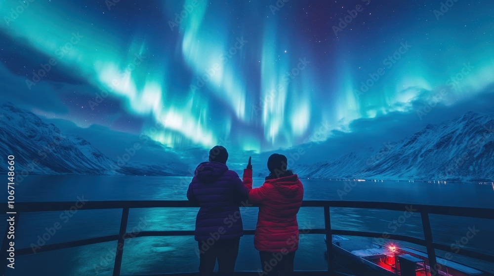Two People Admire the Aurora Borealis Over a Snowy Mountain Range and Water Two People Admire the Aurora Borealis Over a Snowy Mountain Range and Water