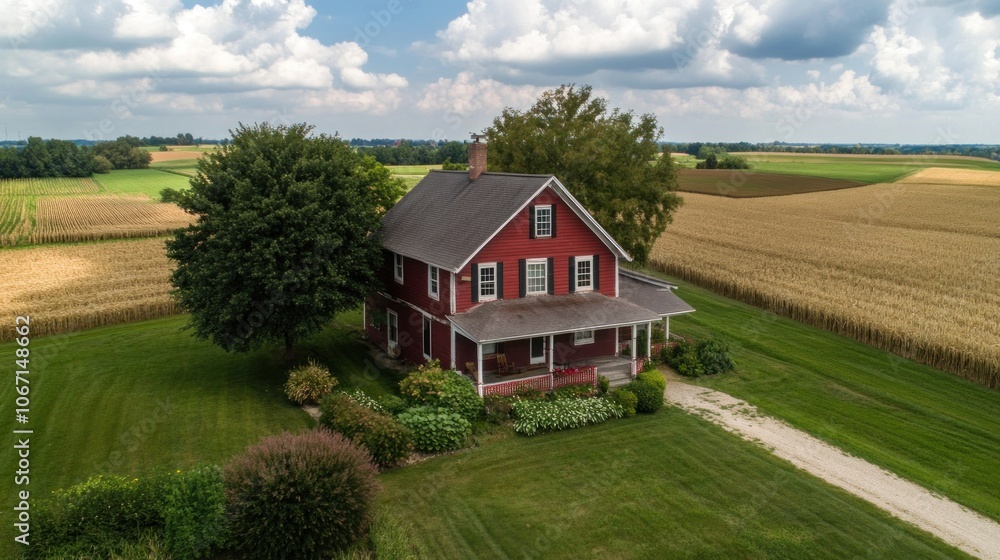 A traditional farmhouse with a red barn and fields