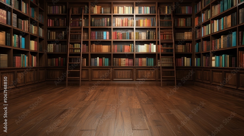 A built-in wooden library with floor-to-ceiling shelves and a ladder, hand-carved details, soft ambient light, rich mahogany tones, classical elegance, oil painting style.