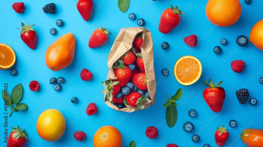 Fresh Assorted Fruits on Blue Background Fresh Assorted Fruits on Blue Background