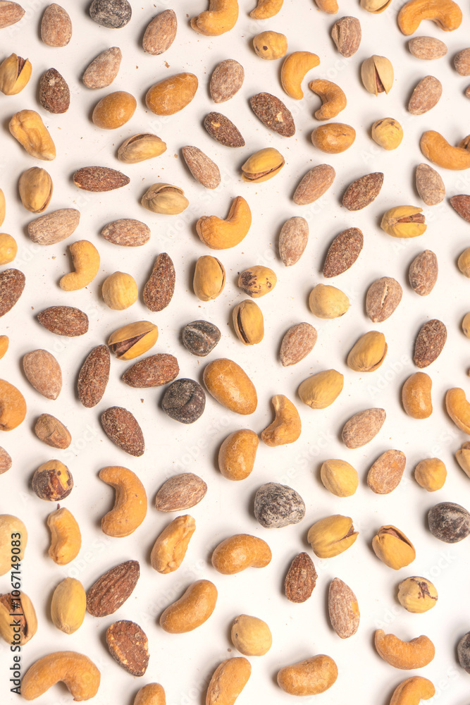 A group of almonds, pistachios, walnuts, macadamia, cashews. A group of almonds, pistachios, walnuts, macadamia, cashews.