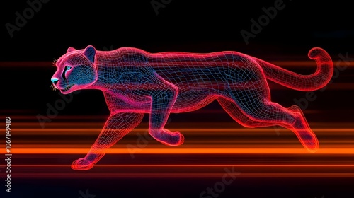 Futuristic and dynamic image of a cheetah sprinting through a digital savannah with neon outlines and glowing orange streaks in the background photo