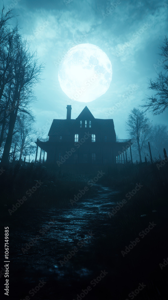 hauntingly beautiful scene of dark house under full moon, surrounded by eerie trees and mist. atmosphere evokes mystery and suspense hauntingly beautiful scene of dark house under full moon, surrounded by eerie trees and mist. atmosphere evokes mystery and suspense