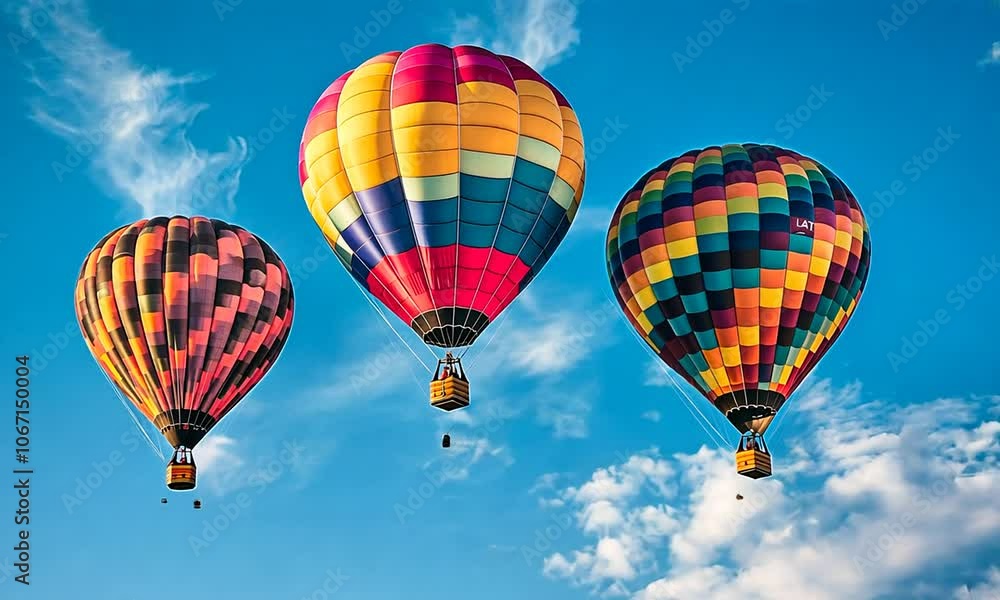 Three colorful hot air balloons ascending against a blue sky with white clouds Three colorful hot air balloons ascending against a blue sky with white clouds