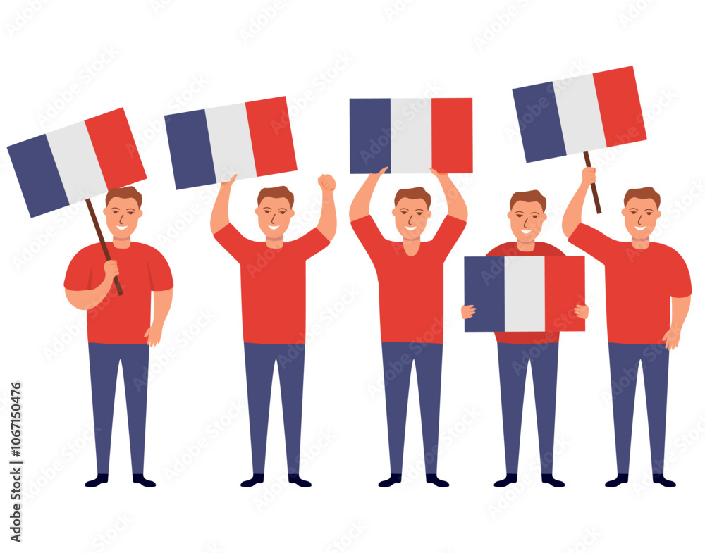 Fototapeta premium Protest people.Crowd of protesters holding flag of France.Patriotic demonstration France.Isolated on white background.Vector flat.