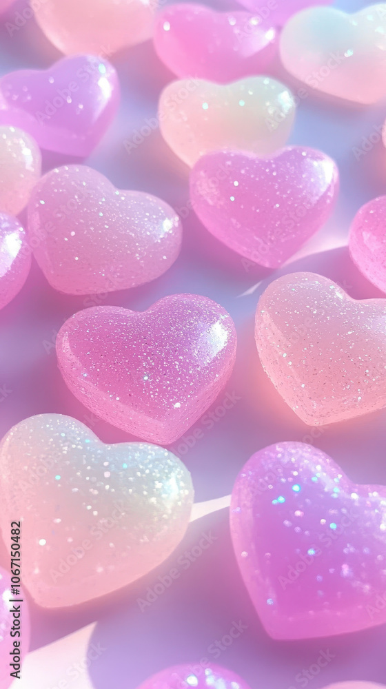 Obraz premium Colorful heart shaped gel candies create playful and sweet atmosphere, perfect for celebrations or gifts. Their shiny surfaces reflect light beautifully
