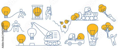 Creative idea. Man with light bulb. Working little people.Idea construction.Construction equipment crane.Solution solving problem.Delivery of ideas.Businessman flying holding idea bulb as balloon .