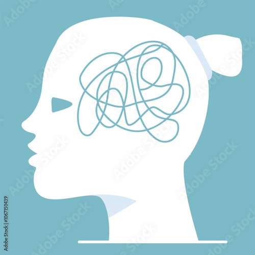 Woman mental health concept.Head with messy thoughts.Emotional burnout and other psychological problems. Depressed people with mental disorder.Vector illustration.