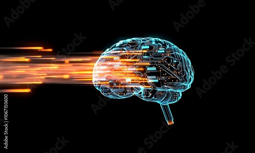 Futuristic brain illustration with digital circuits and motion effects.