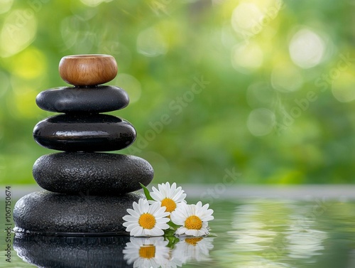 A serene arrangement of stacked stones beside flowers reflects tranquility and harmony in nature.