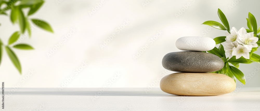 Three smooth stones stacked with delicate flowers and green leaves, creating a serene, calming atmosphere for relaxation and mindfulness. Three smooth stones stacked with delicate flowers and green leaves, creating a serene, calming atmosphere for relaxation and mindfulness.