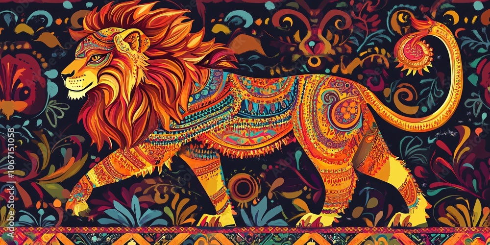 Ornamental Lion with Vibrant Floral Background Ornamental Lion with Vibrant Floral Background
