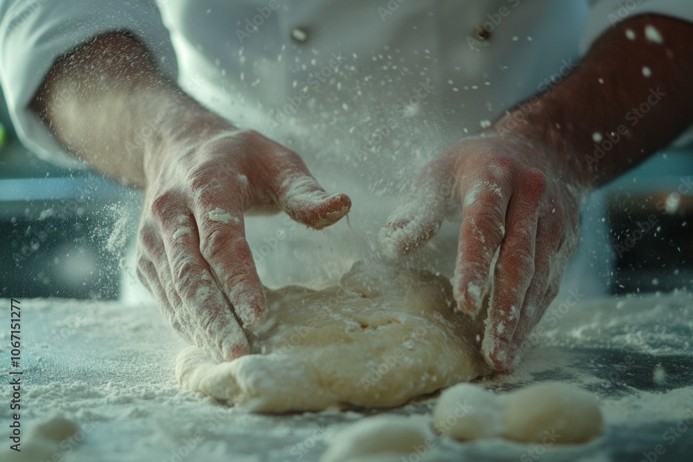 sticky bread dough made by a professional baker, floating flour sprinkles, and professional-looking hands of the chef sticky bread dough made by a professional baker, floating flour sprinkles, and professional-looking hands of the chef