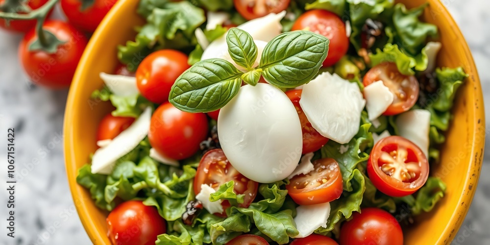 A colorful bowl filled with mixed greens, cherry tomatoes, and shaved mozzarella cheese topped with a sprig of fresh basil, vegetables, fruit A colorful bowl filled with mixed greens, cherry tomatoes, and shaved mozzarella cheese topped with a sprig of fresh basil, vegetables, fruit