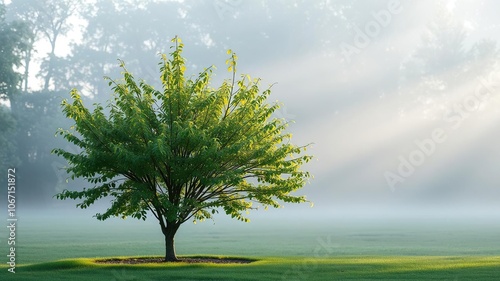 A single, solitary privet bush stands alone on a misty morning, its leaves glowing softly in the dappled light, foliage, forest