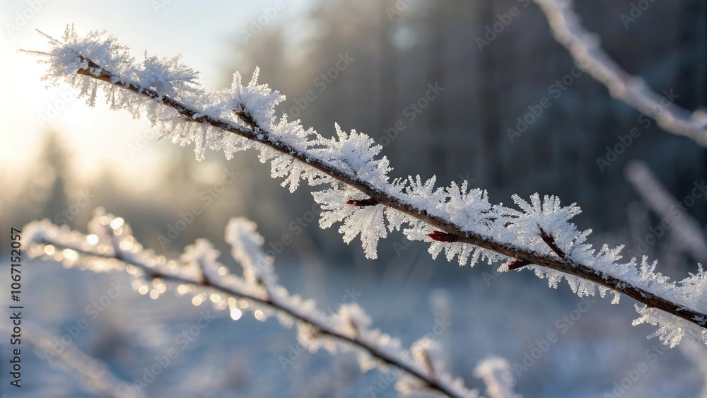 Close-up shot of delicate ice crystals forming on the surface of a frozen winter branch in the morning light, ice formation, morning light Close-up shot of delicate ice crystals forming on the surface of a frozen winter branch in the morning light, ice formation, morning light