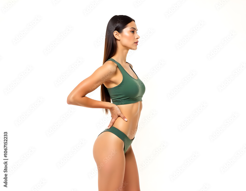 Naklejka premium Side view of Brunette young, fit woman with long hair, wearing sport lingerie posing against white background