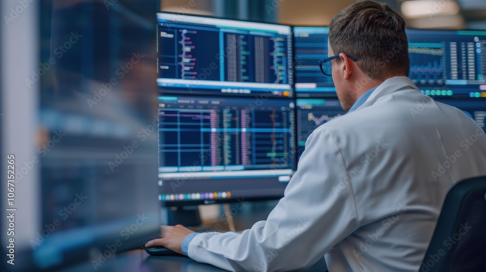 Fototapeta premium Data Scientist Analyzing Complex Data on Multiple Monitors in Laboratory Setting