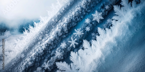 A breathtaking view of a frozen surface adorned with mesmerizing frost formations and snowflakes. The icy textures reflect the beauty of winter, creating a natural masterpiece.