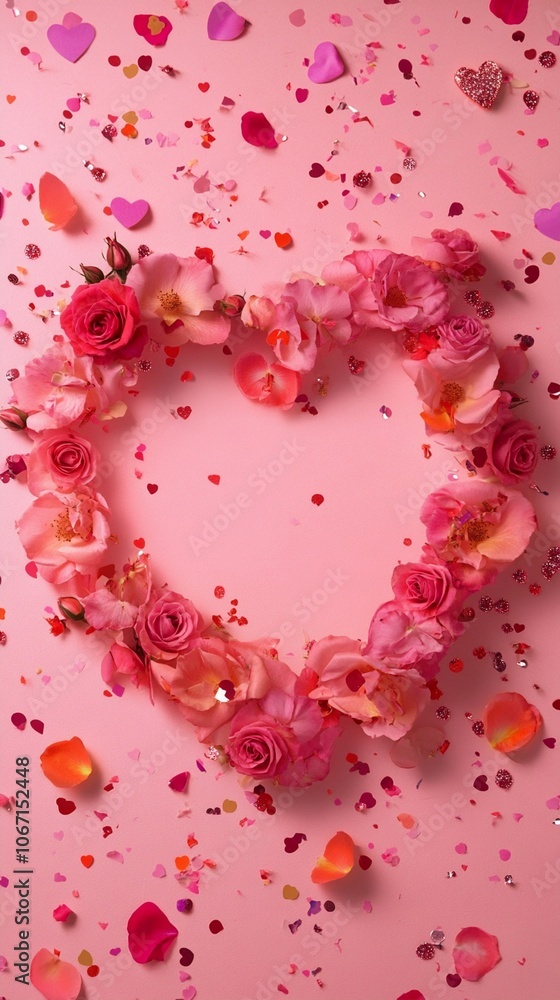 Romantic heart-shaped floral arrangement of pink roses and petals on soft pink background, surrounded by scattered confetti and paper hearts. Romantic heart-shaped floral arrangement of pink roses and petals on soft pink background, surrounded by scattered confetti and paper hearts.