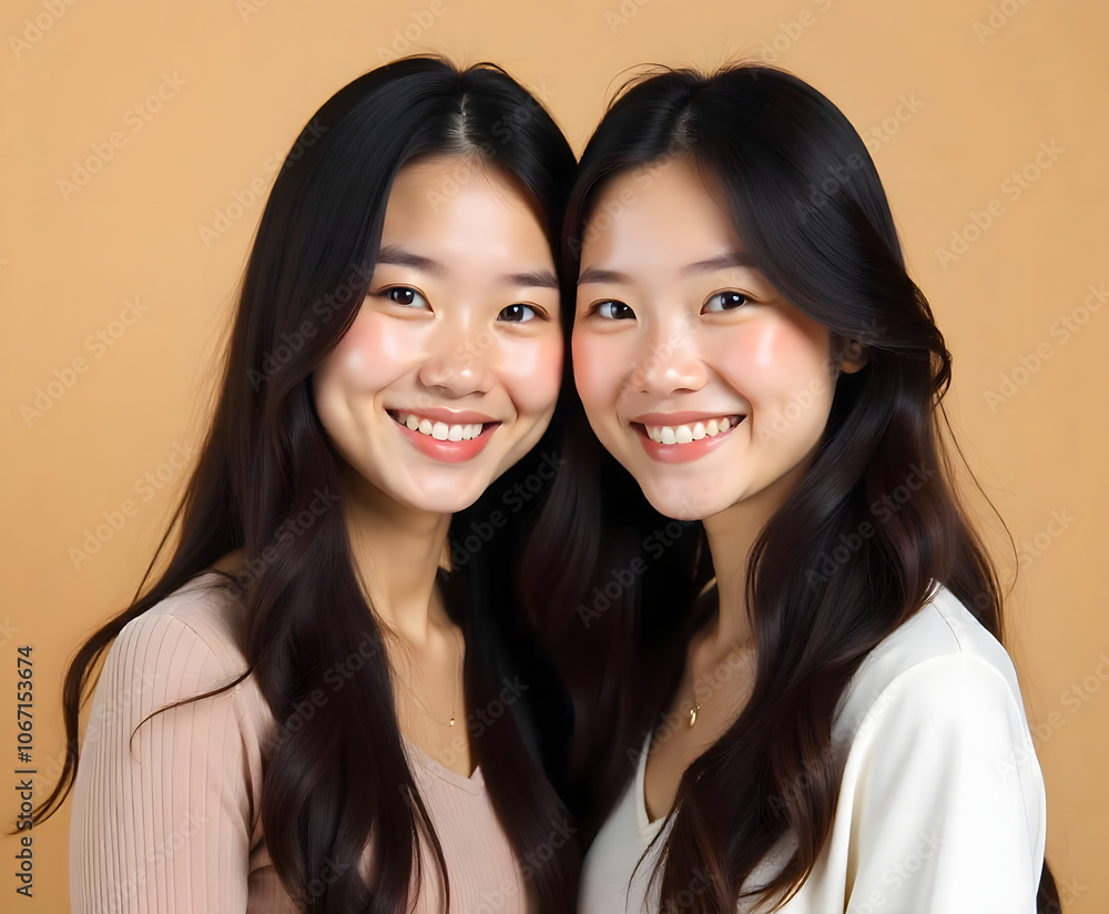Two happy young women with clear and radiant skin without makeup against a bright background Two happy young women with clear and radiant skin without makeup against a bright background