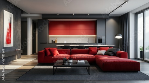 Wallpaper Mural Modern Living Room with Red Sofa and Kitchenette Torontodigital.ca