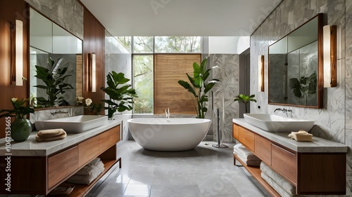 A photograph of the mid-century modern interior of a modern residential bathroom with mirrors and sinks and cabinets. Generative AI