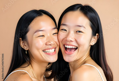 Two happy young women with clear and radiant skin without makeup against a bright background photo