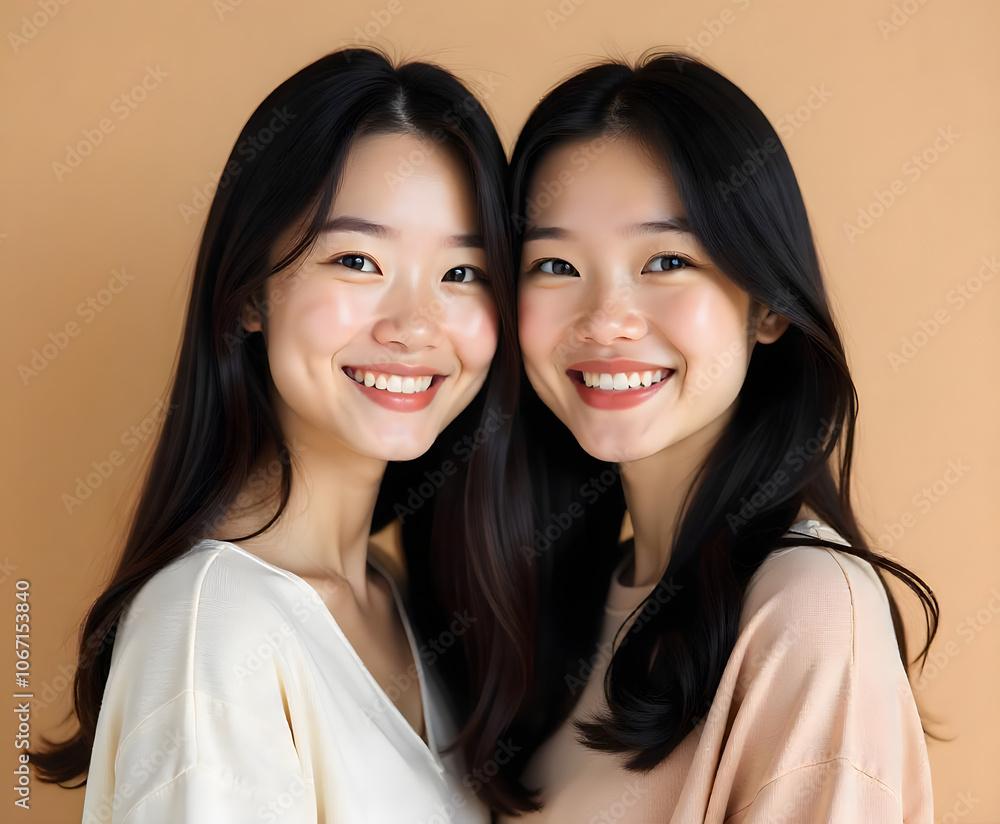 Two happy young women with clear and radiant skin without makeup against a bright background Two happy young women with clear and radiant skin without makeup against a bright background