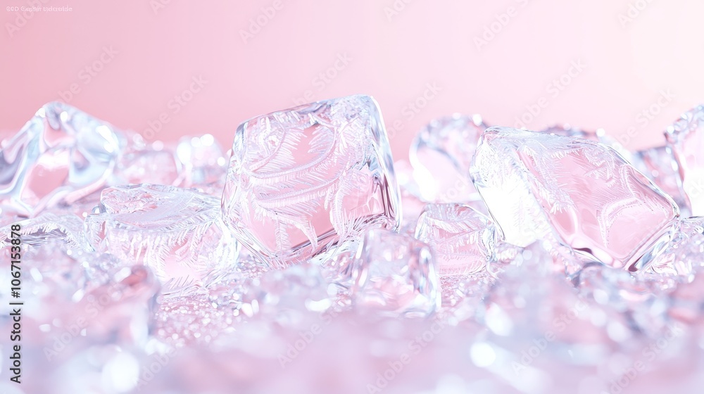 Ice cubes sparkle in a soft pink background creating a refreshing and inviting scene Ice cubes sparkle in a soft pink background creating a refreshing and inviting scene