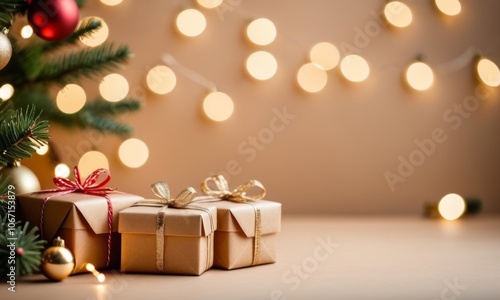 Retro presents under tree with ribbons and natural kraft wrapping, evoking a minimalist and festive Christmas mood photo