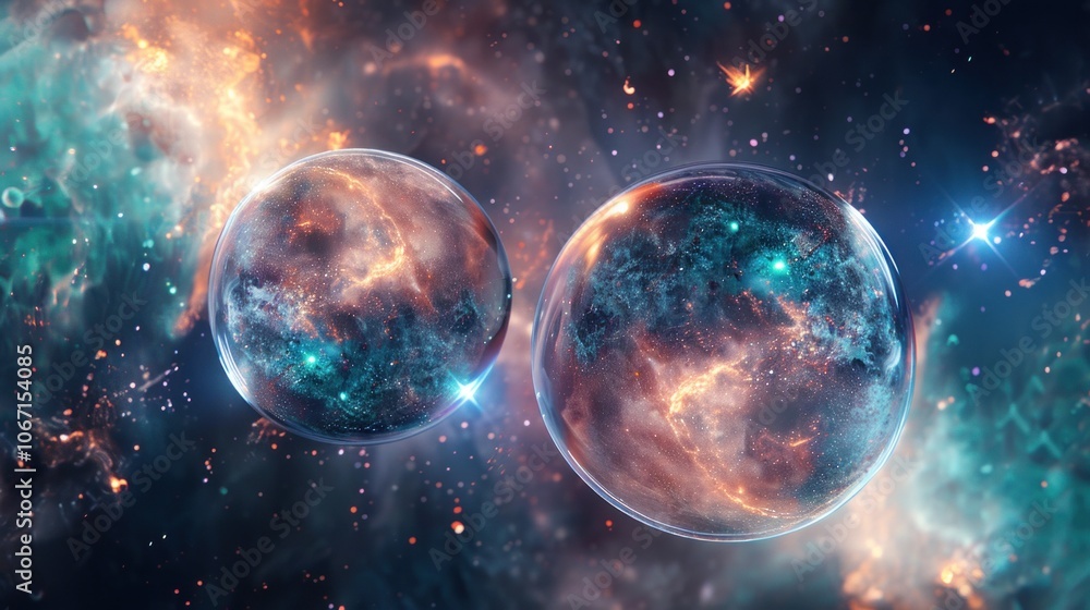Naklejka premium Colorful cosmic planets floating in nebula with stars and gas clouds