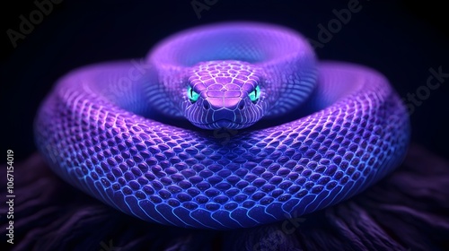 Bioluminescent Snake Coiled Around Glowing Holographic Tree in Sci Fi Landscape with Shimmering Greens and Blues on Dark Background