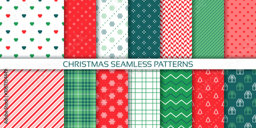 Green red seamless pattern. Christmas backgrounds. Textures with tree, zigzag, plaid, gift box, candy cane. Xmas wrapping paper. Set holiday prints. New year festive backdrops. Vector illustration