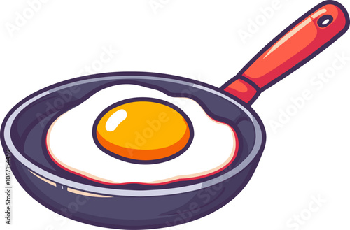 A fried egg cooking in a black skillet with a red handle cartoon isolated on transparent background. Vector illustration.