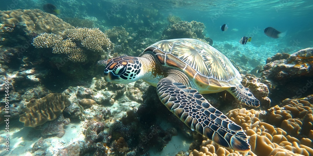 Fototapeta premium rare sea turtle navigates clear ocean with vibrant coral reefs and fish
