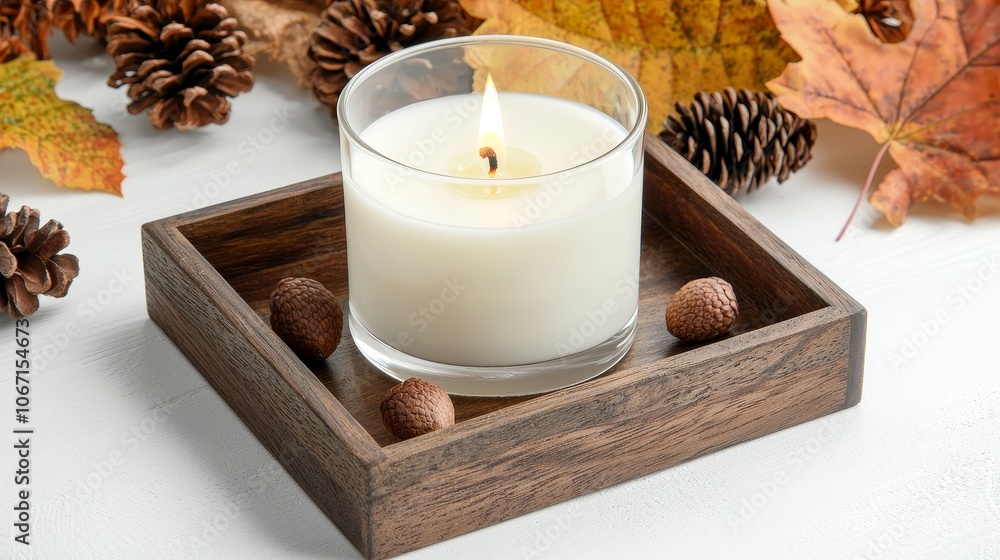 Create a cozy autumn atmosphere with a scented candle surrounded by nature's bounty Create a cozy autumn atmosphere with a scented candle surrounded by nature's bounty