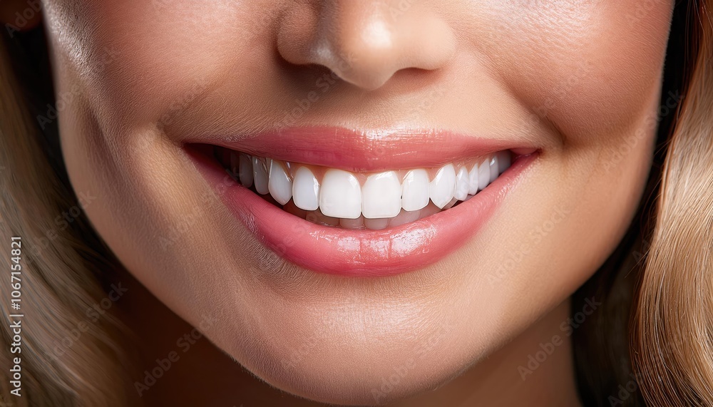 Close-up of a woman's smile showing white teeth and glossy lips Close-up of a woman's smile showing white teeth and glossy lips