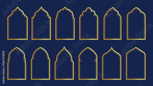  Islamic window and door shape. Arabic golden arch, arabian border, gate or door, Ramadan Kareem frames on blue background.