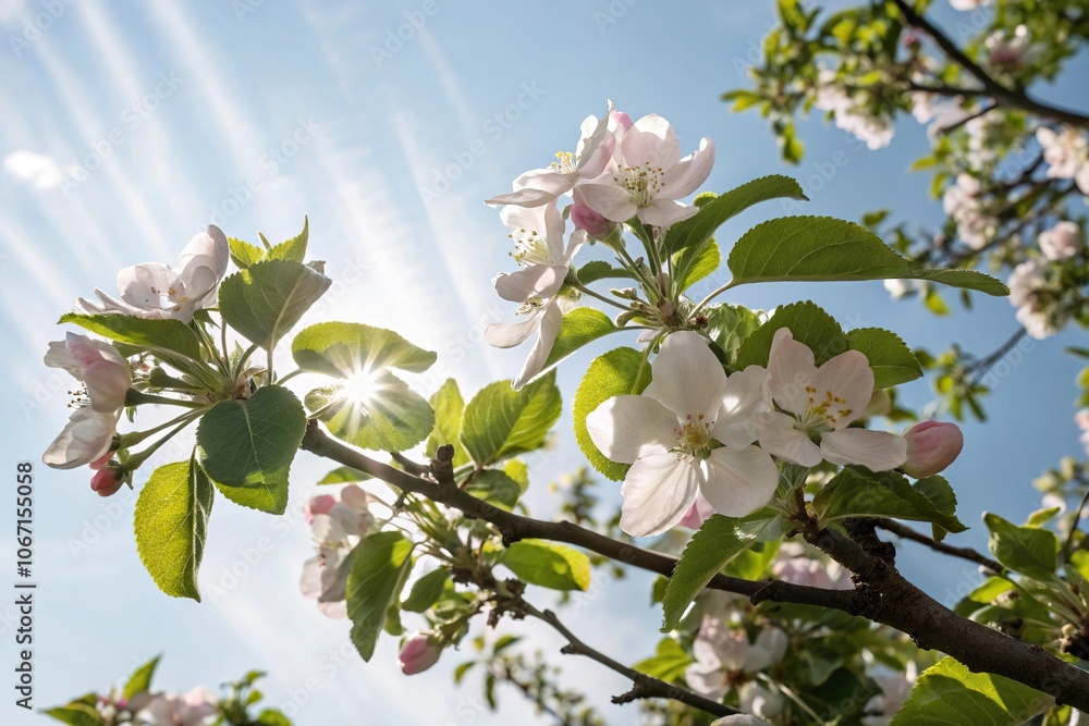 Obraz premium Softly blooming apple blossoms on a lush green tree against a clear blue sky with gentle spring sunbeams filtering through the leaves, sunny day, green foliage, nature scenery, apple blossom