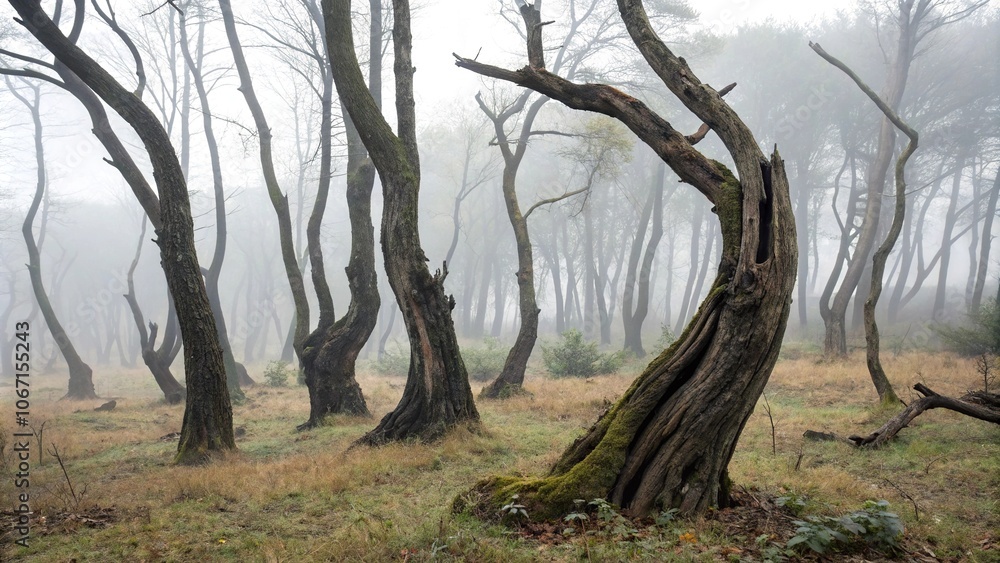 Twisted tree trunks emerge from the fog like skeletal fingers, twisted wood, misty woods, ancient trees, eerie atmosphere, mystical forest Twisted tree trunks emerge from the fog like skeletal fingers, twisted wood, misty woods, ancient trees, eerie atmosphere, mystical forest