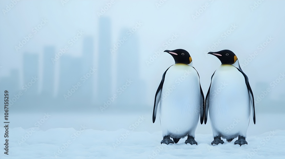 Obraz premium A pair of penguins gracefully gliding across an icy path enclosed within a transparent dome with a futuristic cityscape in the background