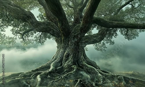 Ancient Tree Roots in a Foggy Forest