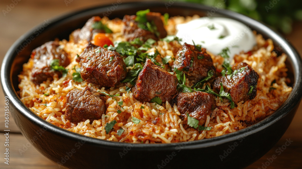 Biryani rice with tender lamb, vibrant spices, and a side of yogurt Biryani rice with tender lamb, vibrant spices, and a side of yogurt