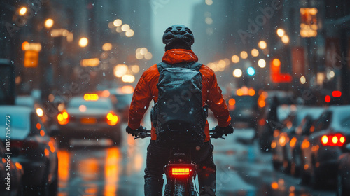 Bike courier navigating through traffic with a delivery bag, urban and fast-paced