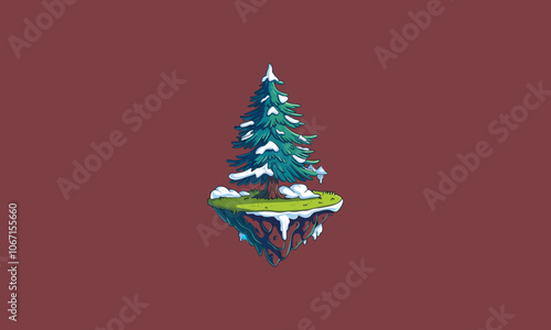 Floating snow-covered pine tree island illustration