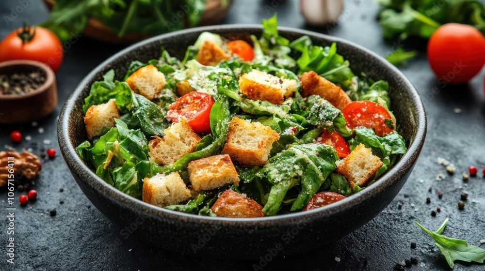A bowl of fresh salad with toasted bread, tomatoes and crisp lettuce. A bowl of fresh salad with toasted bread, tomatoes and crisp lettuce.