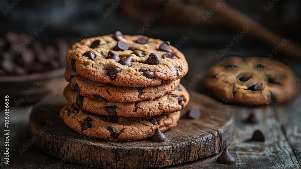 Chocolate chip cookies stacked on a wooden board, covered in chocolate chips and sandwiched together. Chocolate chip cookies stacked on a wooden board, covered in chocolate chips and sandwiched together.