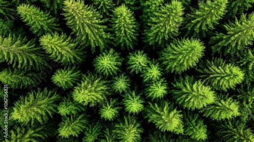 Lush green foliage from above, vibrant pine tree tops against a nature background.