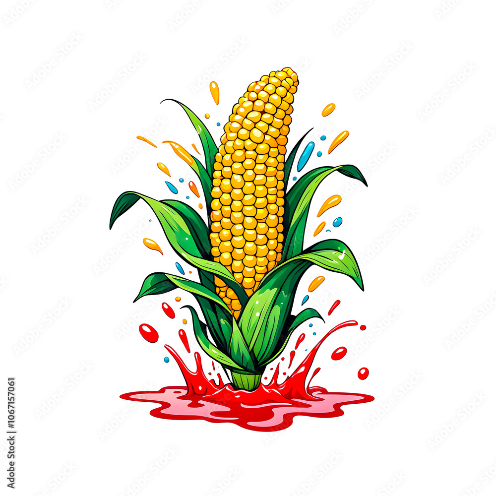 Obraz premium illustration of Fresh corn and colorful liquid splashing on white background.